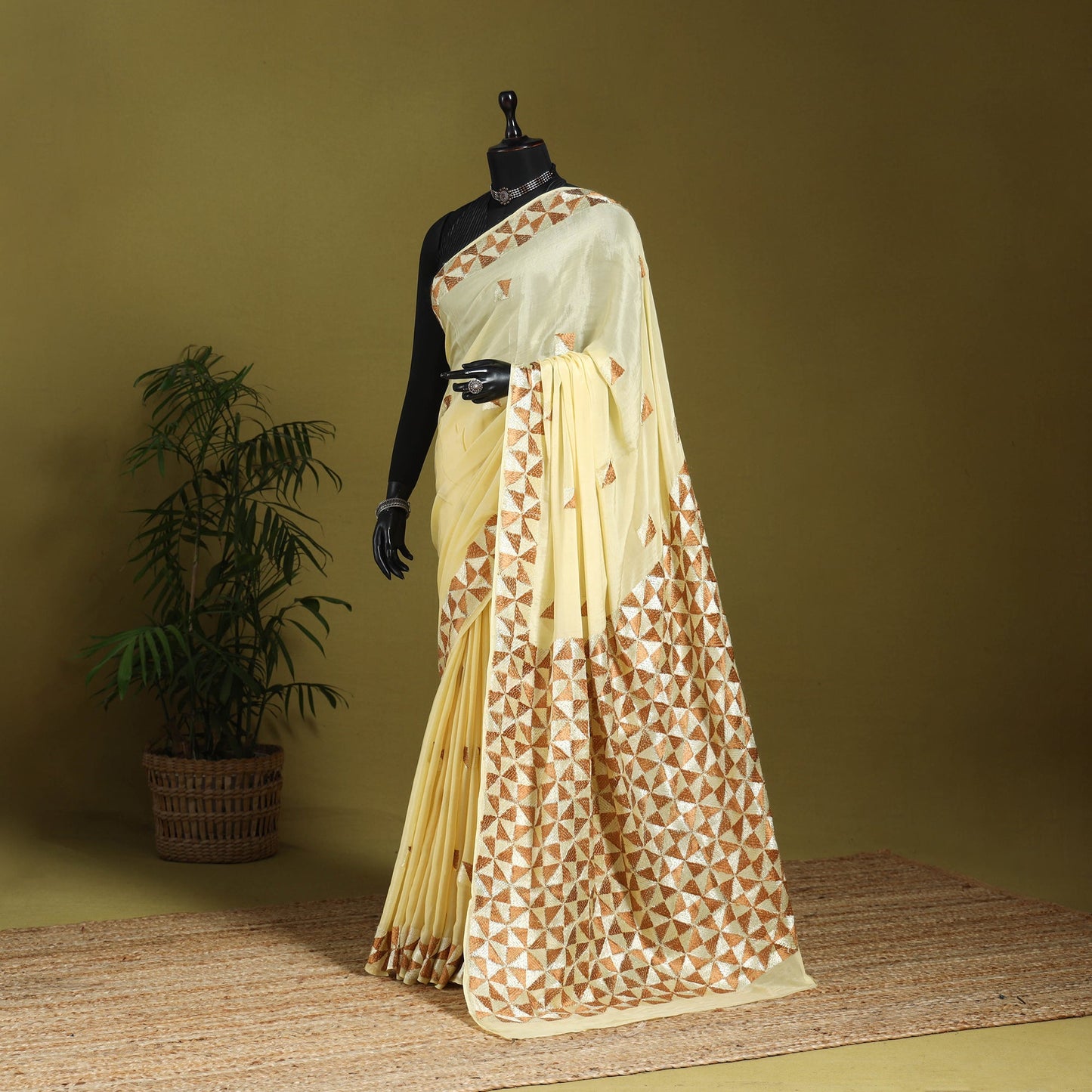 Beige - chinon silk hand embroidery phulkari saree 07