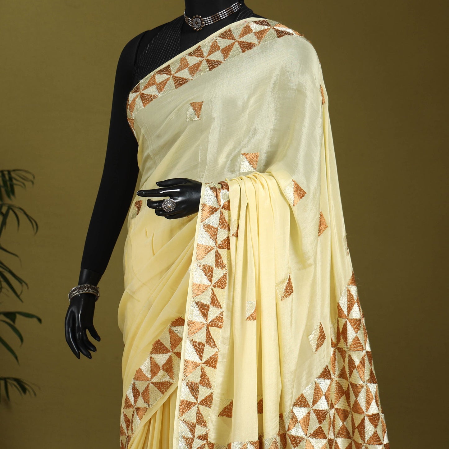Beige - chinon silk hand embroidery phulkari saree 07