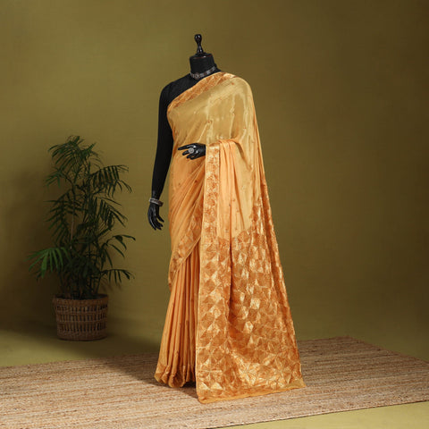 Beige - chinon silk hand embroidery phulkari saree 12