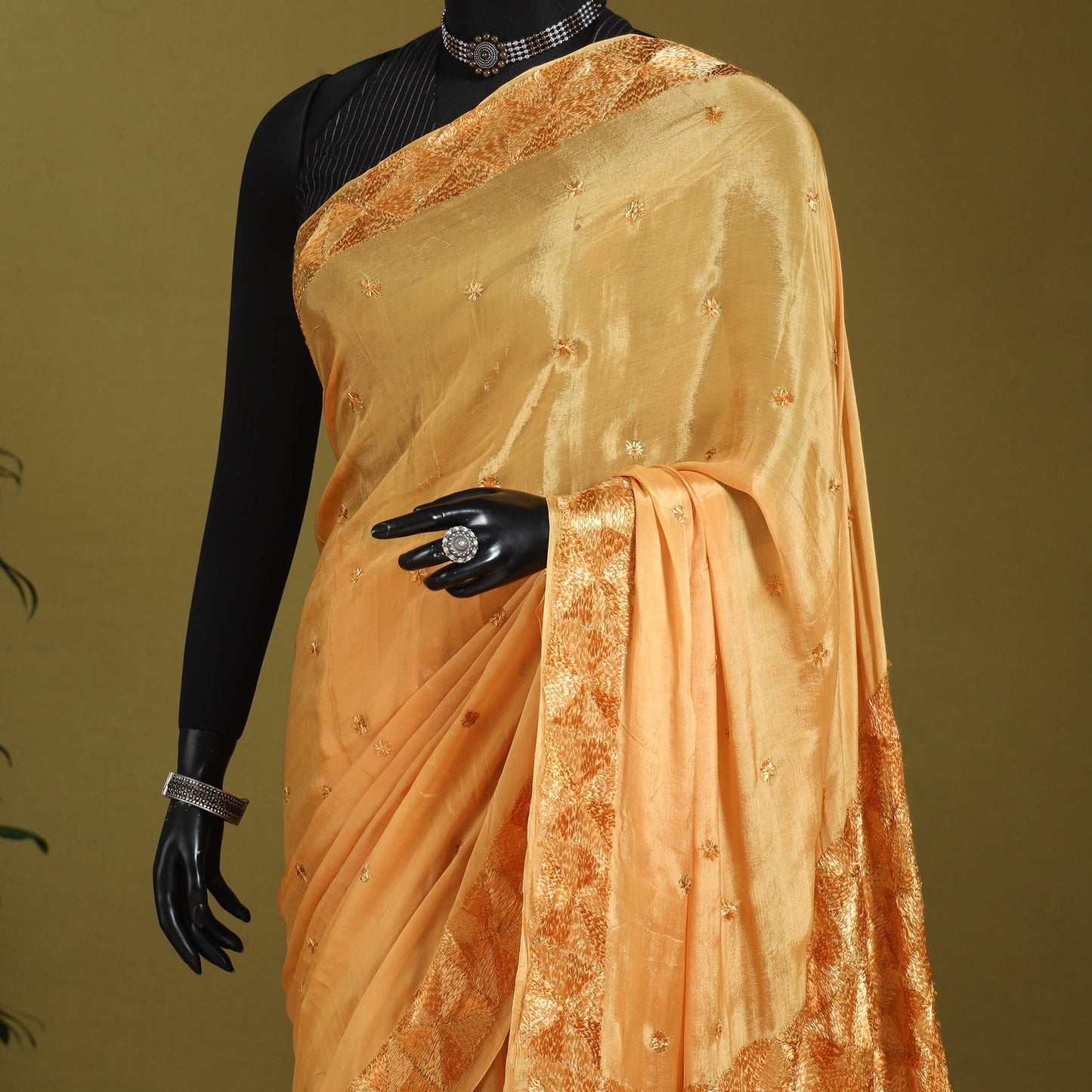 Beige - chinon silk hand embroidery phulkari saree 12