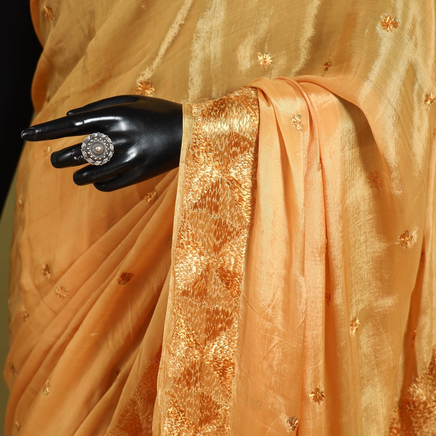 Beige - chinon silk hand embroidery phulkari saree 12