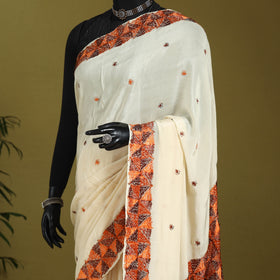 Beige - chinon silk hand embroidery phulkari saree 16