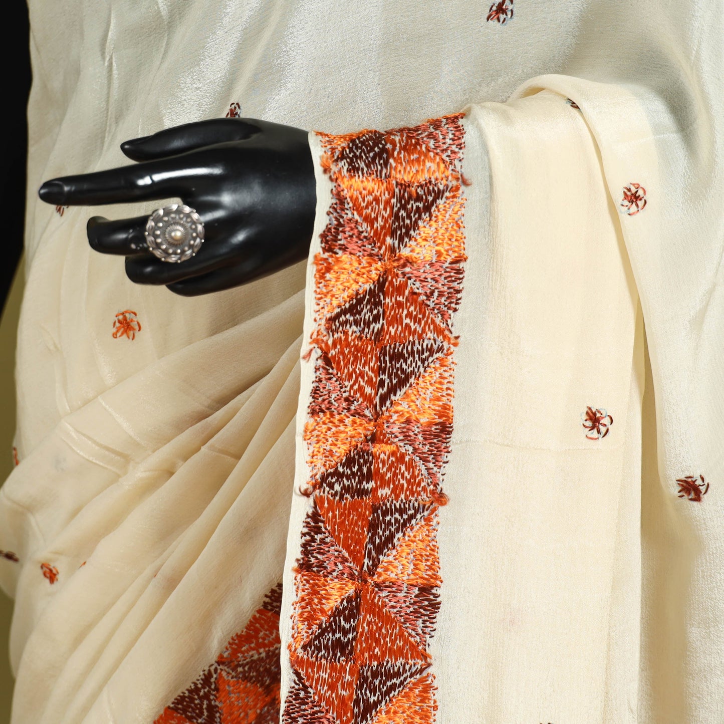 Beige - chinon silk hand embroidery phulkari saree 16