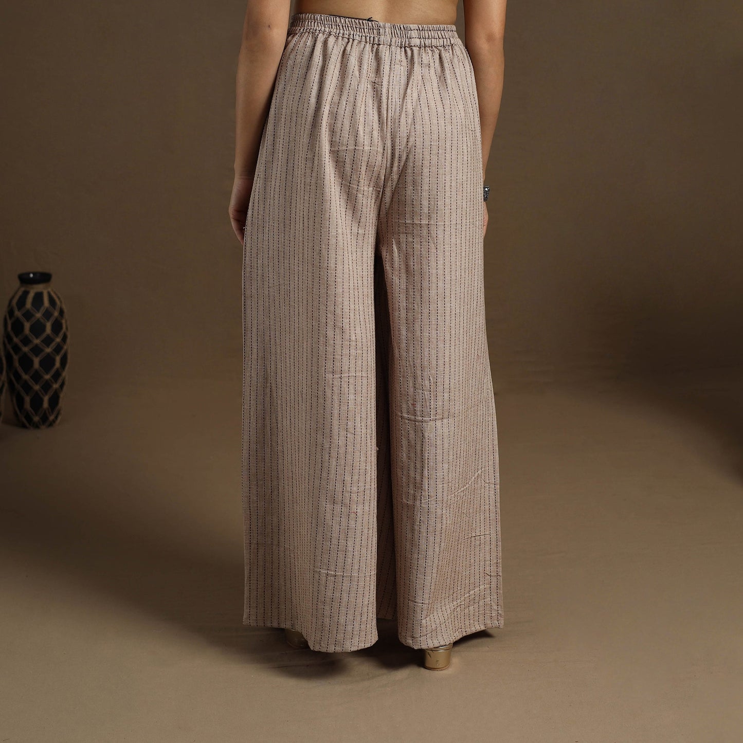  Cotton Beige Flared Jacquard Palazzo