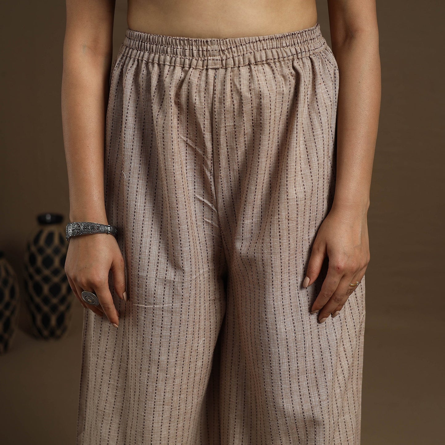  Cotton Beige Flared Jacquard Palazzo