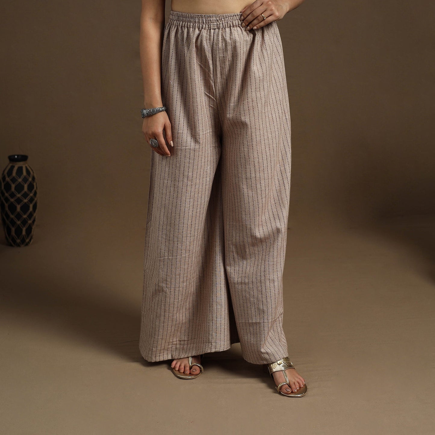  Cotton Beige Flared Jacquard Palazzo