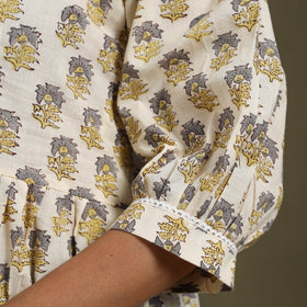 Beige Block Print Cotton Flared Sanganeri Dress