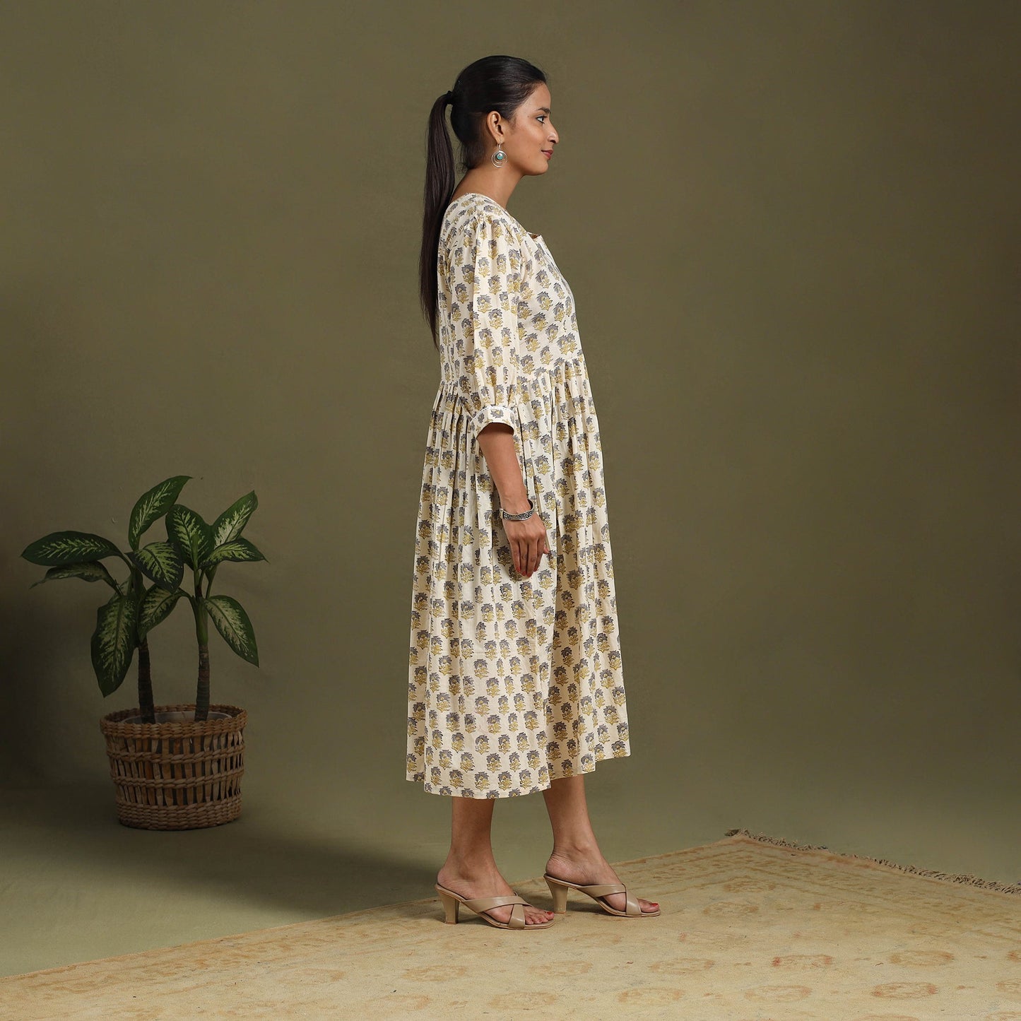 Beige Block Print Cotton Flared Sanganeri Dress