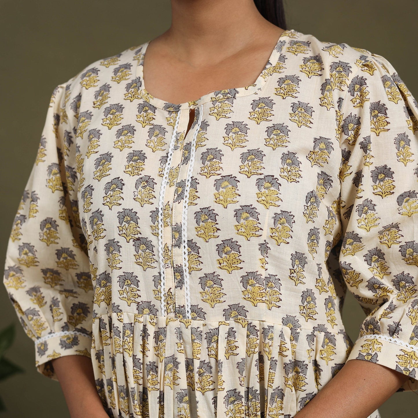 Beige Block Print Cotton Flared Sanganeri Dress