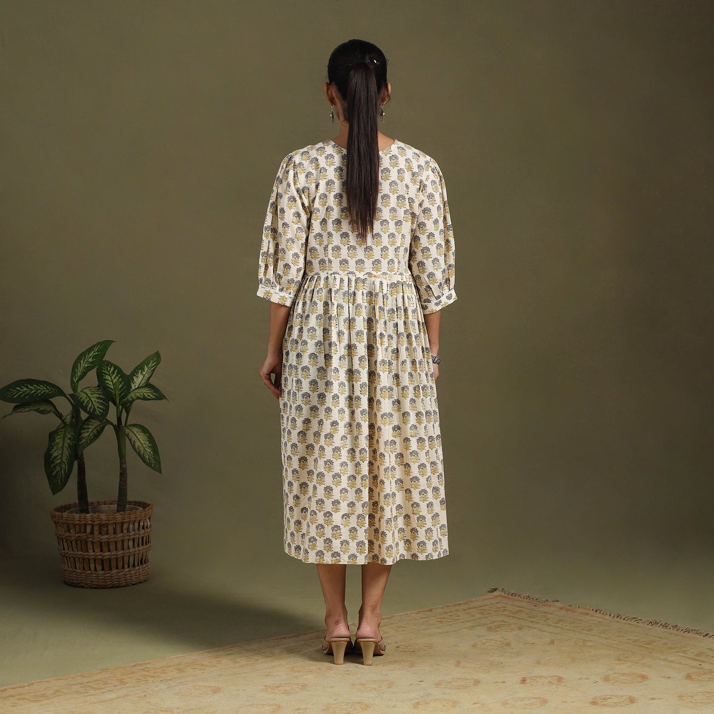 Beige Block Print Cotton Flared Sanganeri Dress