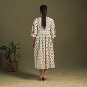 Beige Block Print Cotton Flared Sanganeri Dress