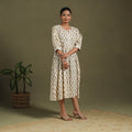 Beige Block Print Cotton Flared Sanganeri Dress