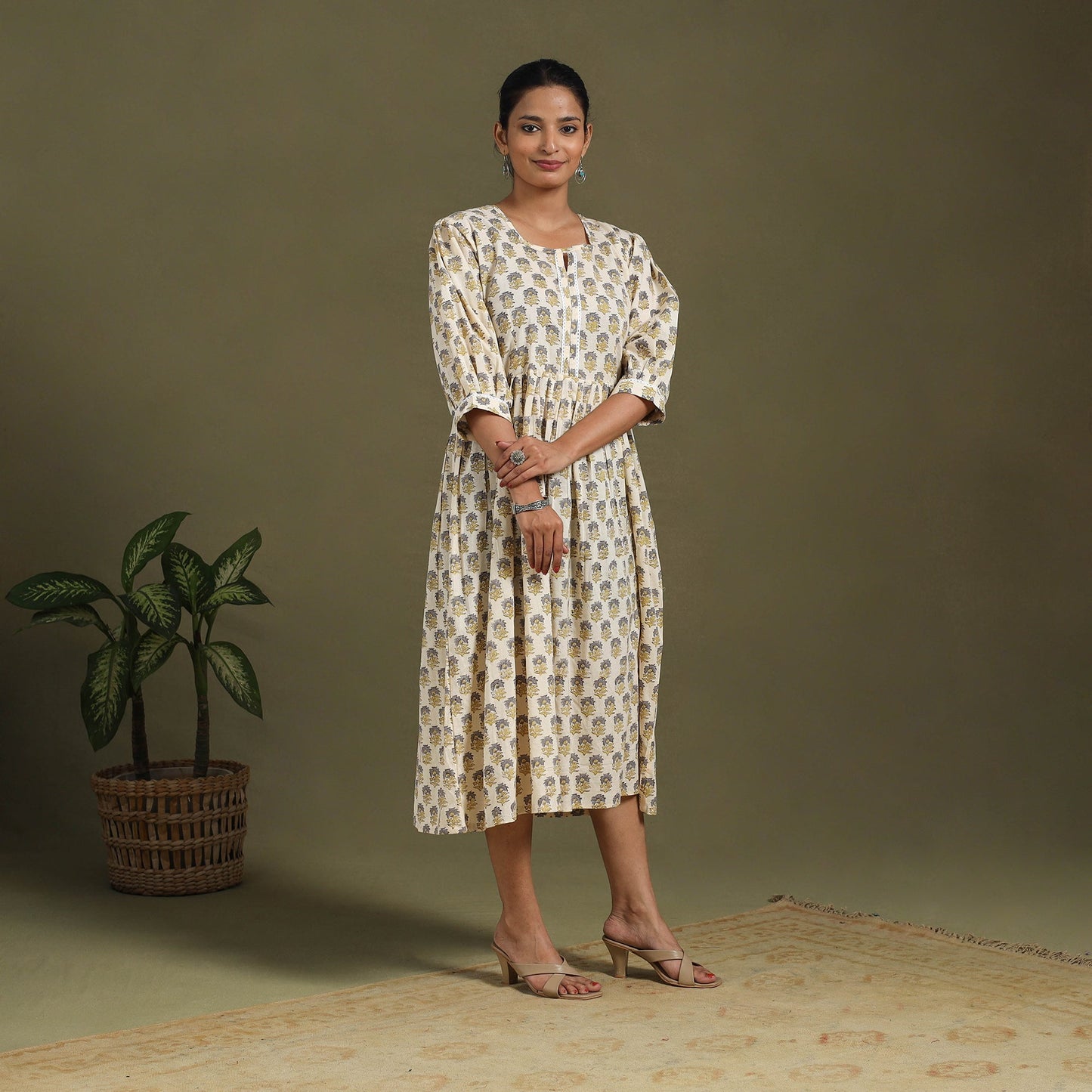 Beige Block Print Cotton Flared Sanganeri Dress