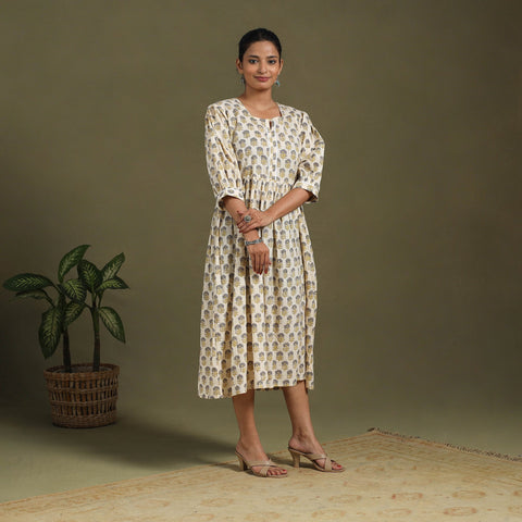 Beige Block Print Cotton Flared Sanganeri Dress