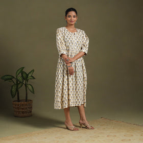 Beige Block Print Cotton Flared Sanganeri Dress