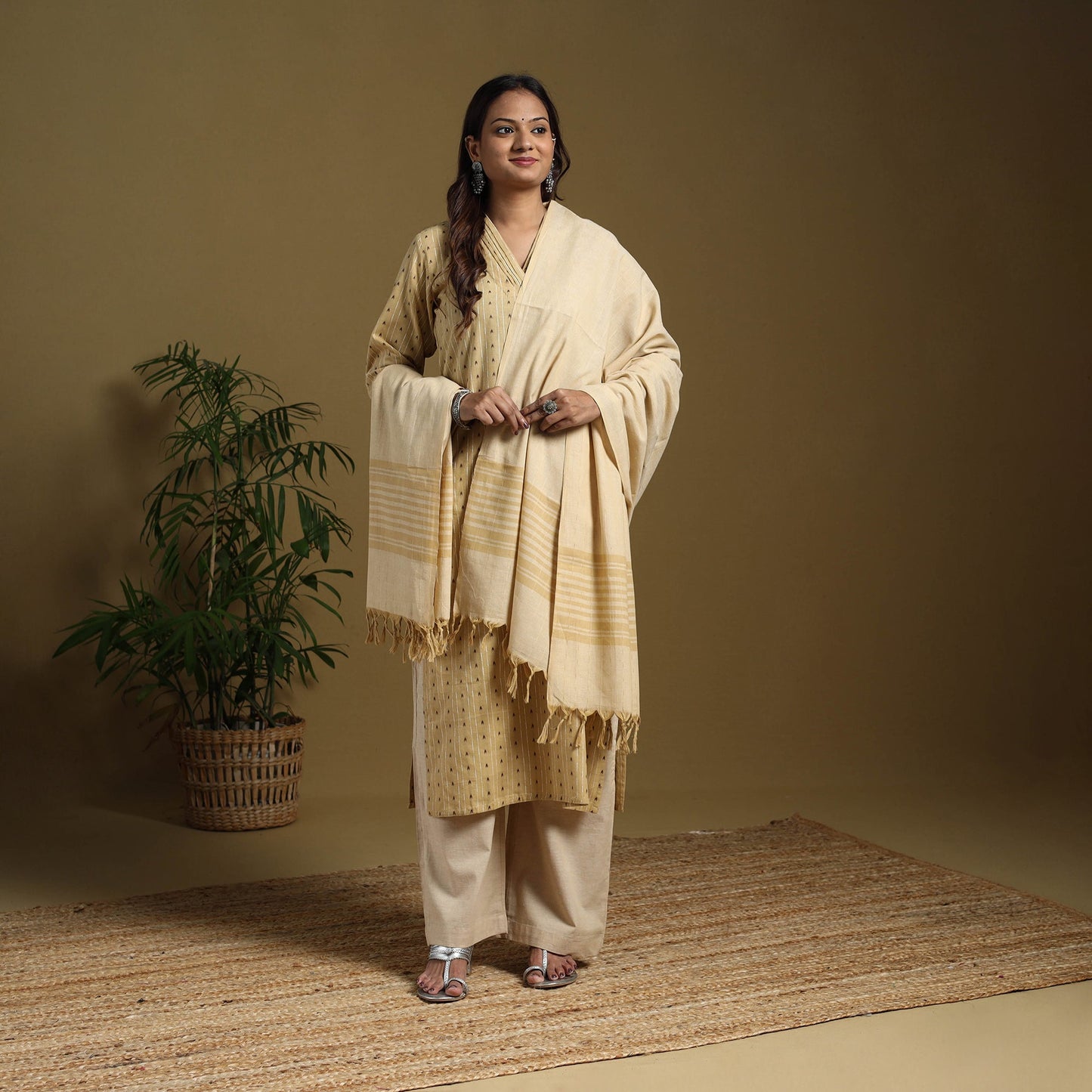 Beige - cotton jacquard kurta set (set of 3) 08