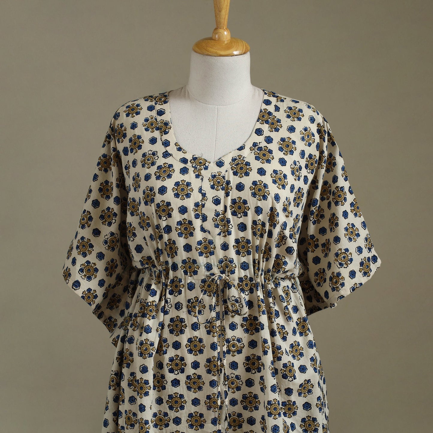 Beige Ajrakh Block Print Cotton Kaftan (Long)