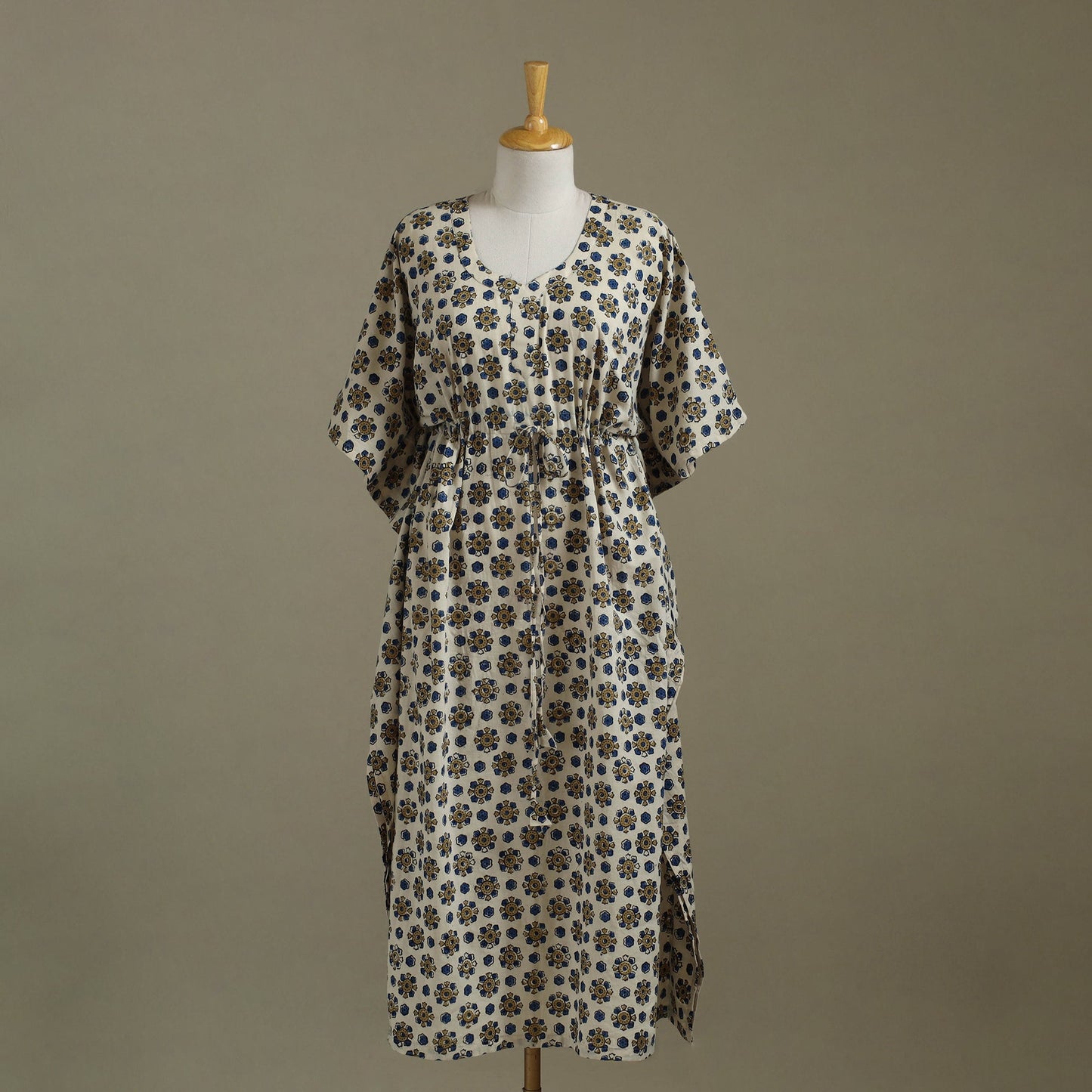 Beige Ajrakh Block Print Cotton Kaftan (Long)