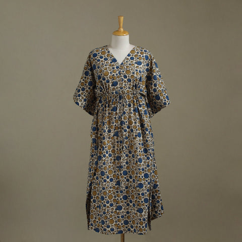 Beige Ajrakh Block Print Cotton Kaftan (Long)