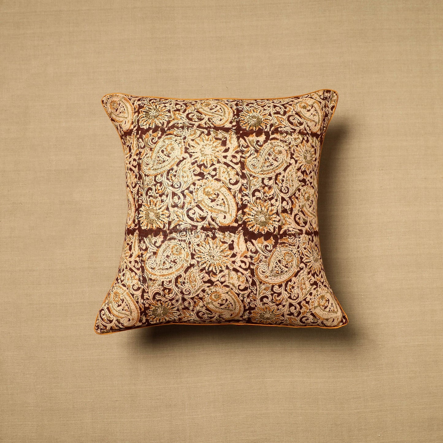 Beige Block Print Cotton Kalamkari Cushion Cover