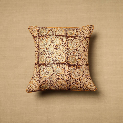 Beige Block Print Cotton Kalamkari Cushion Cover