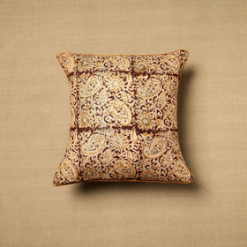 Beige Block Print Cotton Kalamkari Cushion Cover