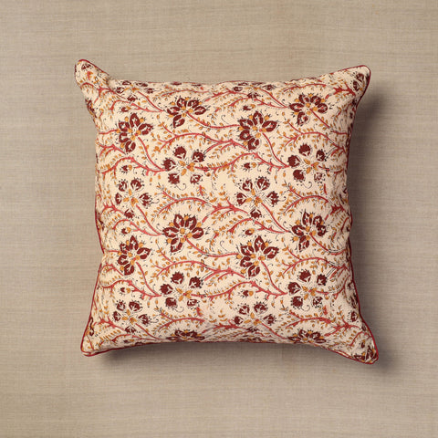 Beige Block Print Cotton Kalamkari Cushion Cover