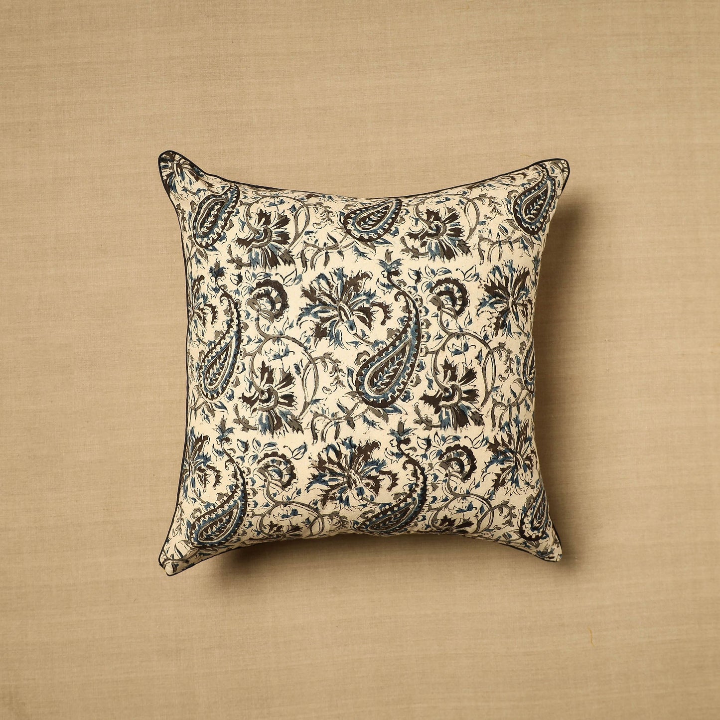 Beige Block Print Cotton Kalamkari Cushion Cover