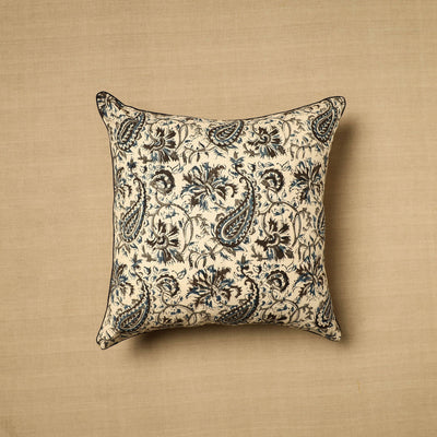 Beige Block Print Cotton Kalamkari Cushion Cover