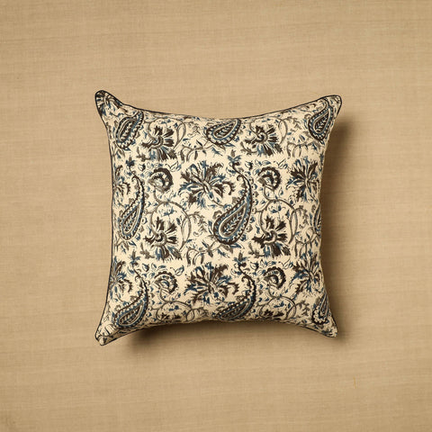 Beige Block Print Cotton Kalamkari Cushion Cover
