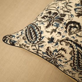 Beige Block Print Cotton Kalamkari Cushion Cover