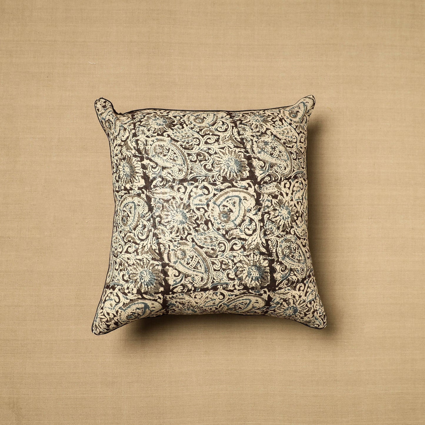 Beige Block Print Cotton Kalamkari Cushion Cover