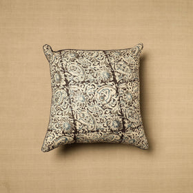 Beige Block Print Cotton Kalamkari Cushion Cover