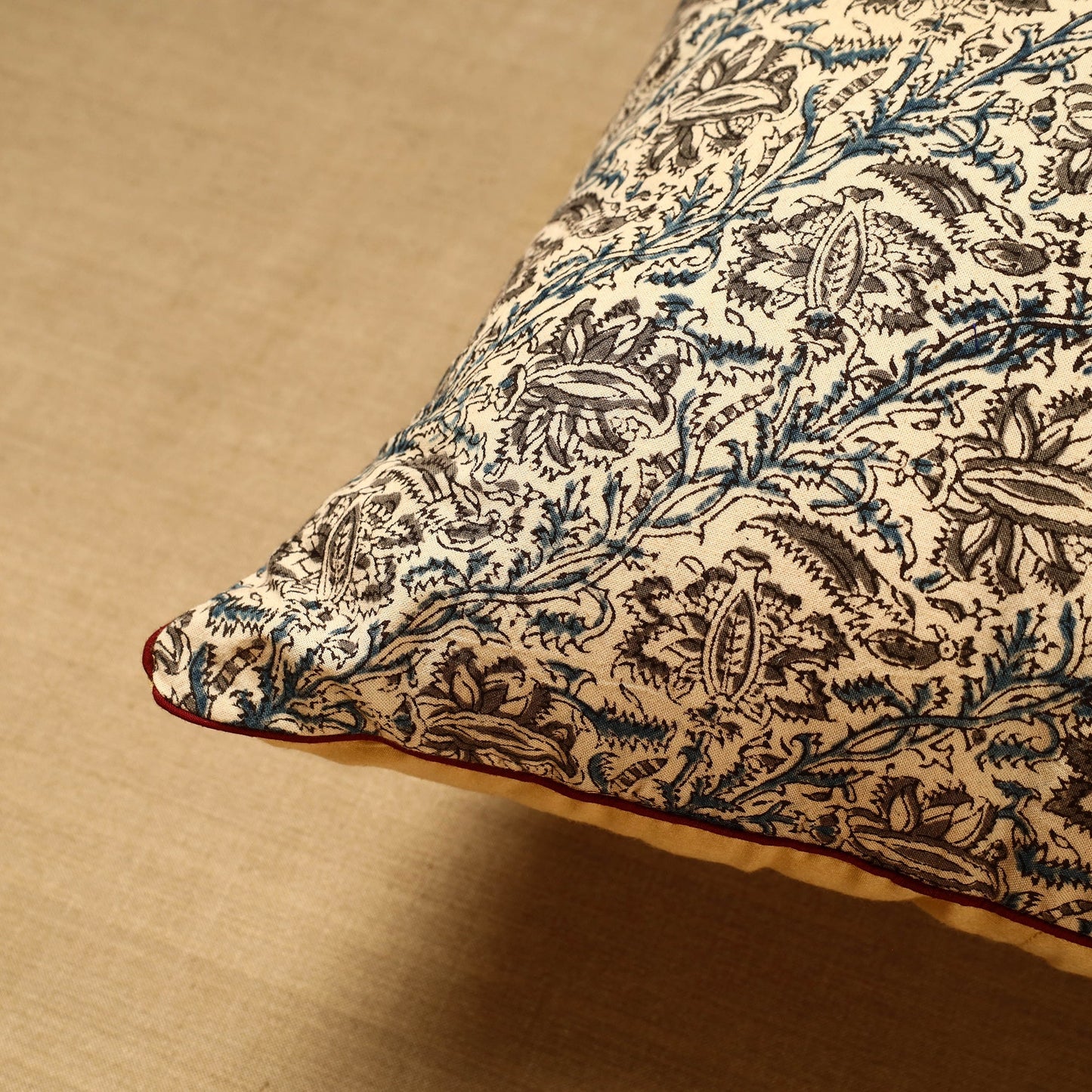 Buy Beige Block Print Cotton Kalamkari Cushion Cover