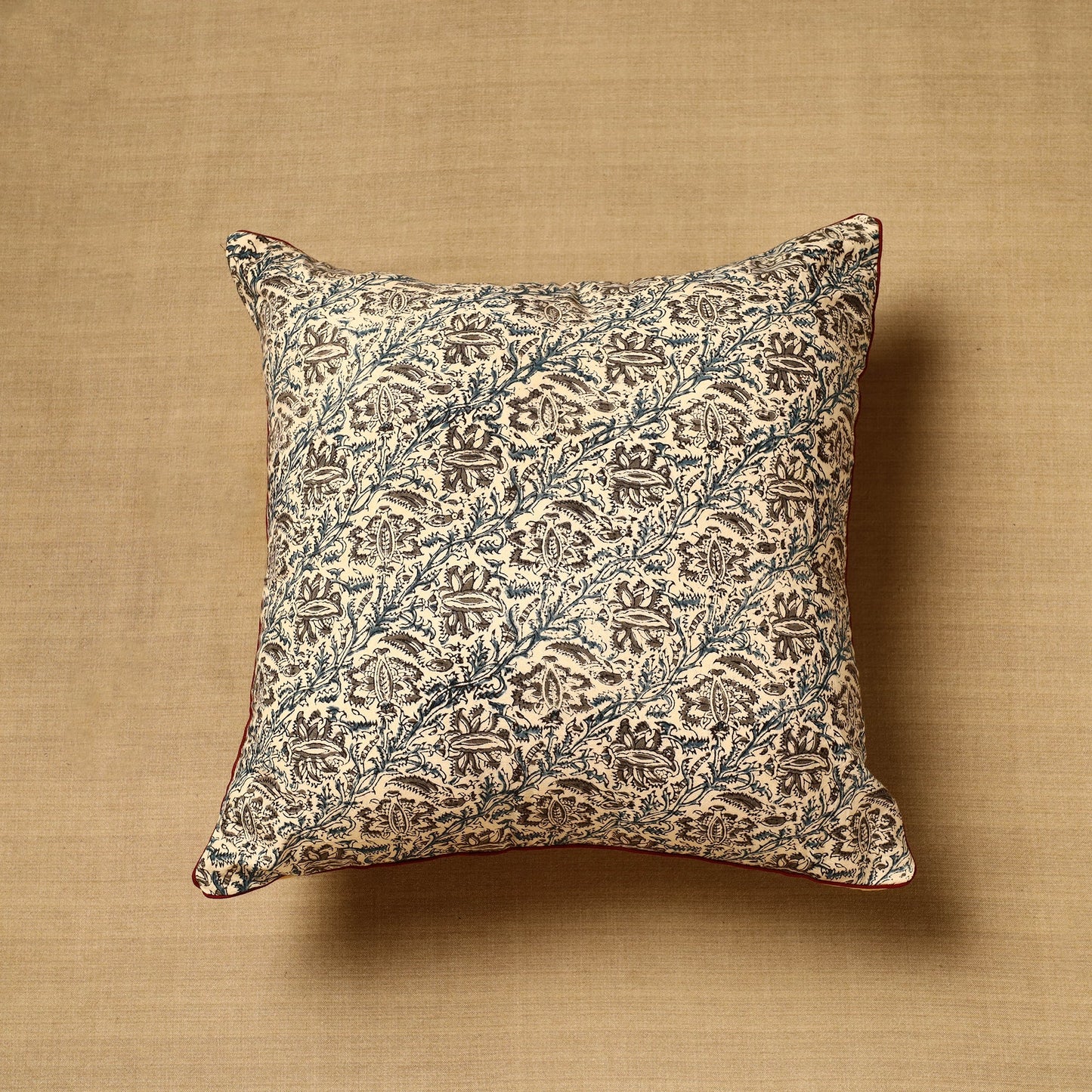 Buy Beige Block Print Cotton Kalamkari Cushion Cover
