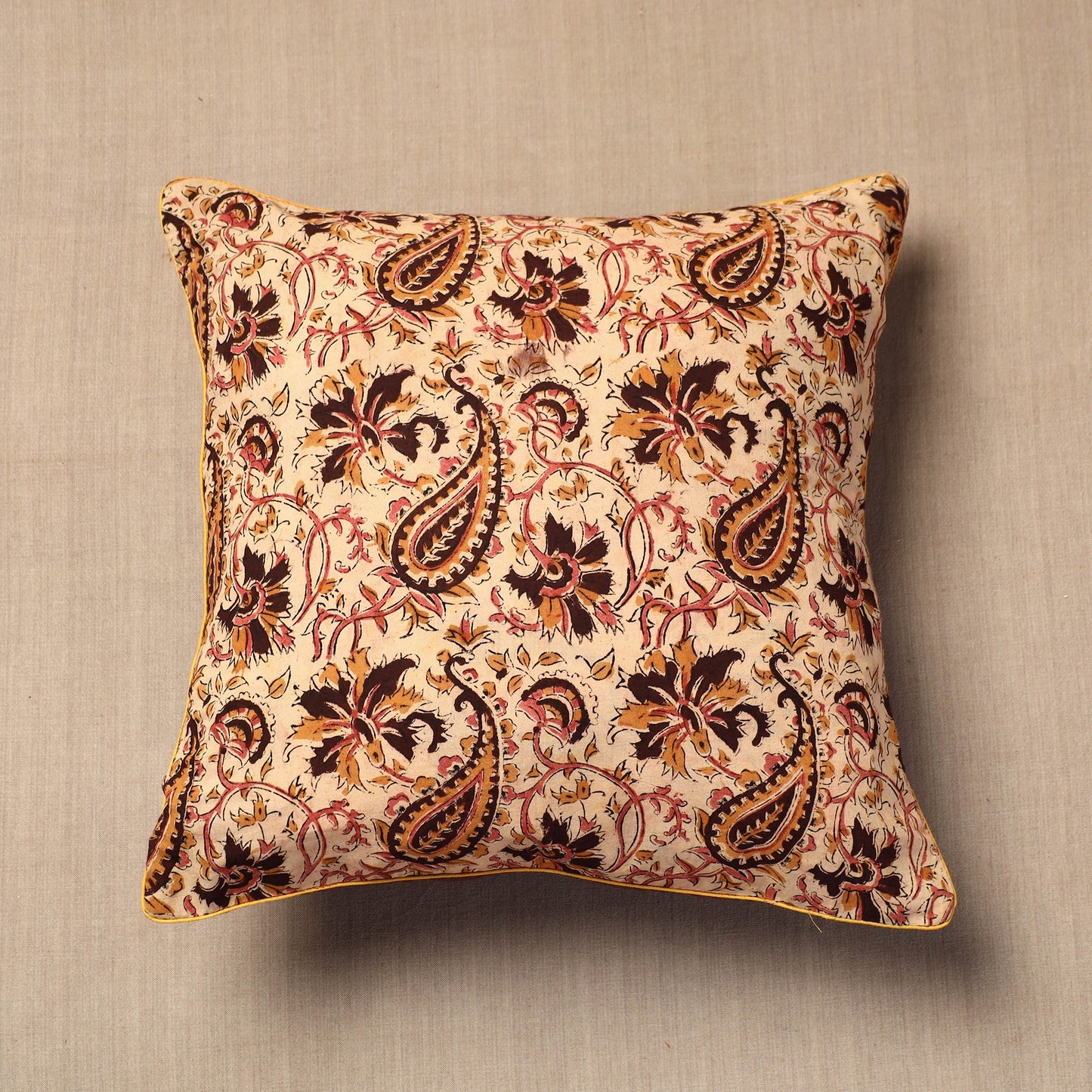 Beige Block Print Cotton Kalamkari Cushion Cover