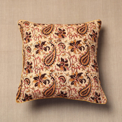 Beige Block Print Cotton Kalamkari Cushion Cover