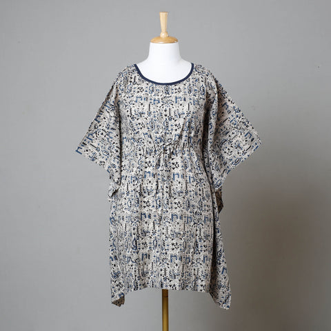 Beige Block Print Cotton Kalamkari Kaftan with Tie-Up Waist