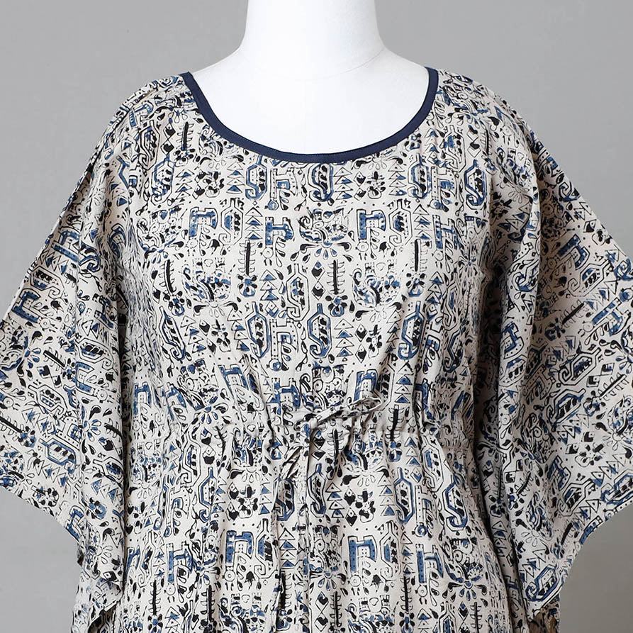 Beige Block Print Cotton Kalamkari Kaftan with Tie-Up Waist