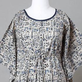 Beige Block Print Cotton Kalamkari Kaftan with Tie-Up Waist