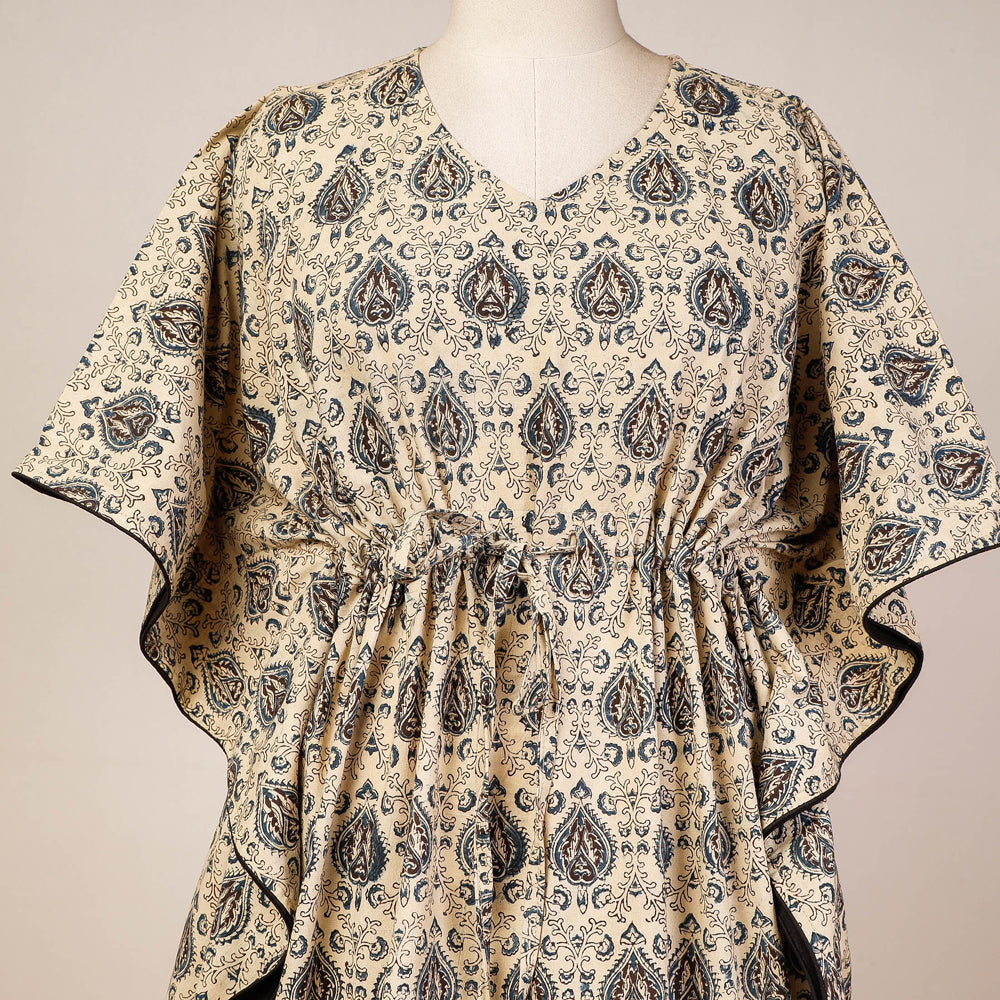 Beige Block Print Cotton Kalamkari Kaftan with Tie-Up Waist