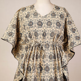 Beige Block Print Cotton Kalamkari Kaftan with Tie-Up Waist
