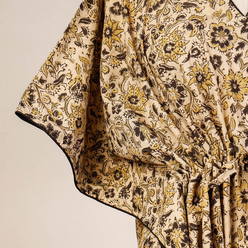 Beige Block Print Cotton Kalamkari Kaftan with Tie-Up Waist