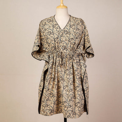 Beige Block Print Cotton Kalamkari Kaftan with Tie-Up Waist