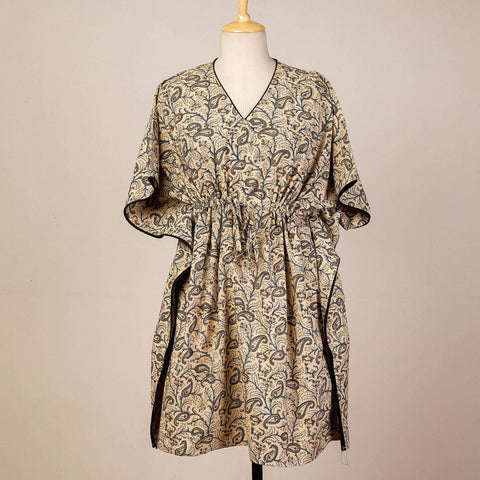 Beige Block Print Cotton Kalamkari Kaftan with Tie-Up Waist