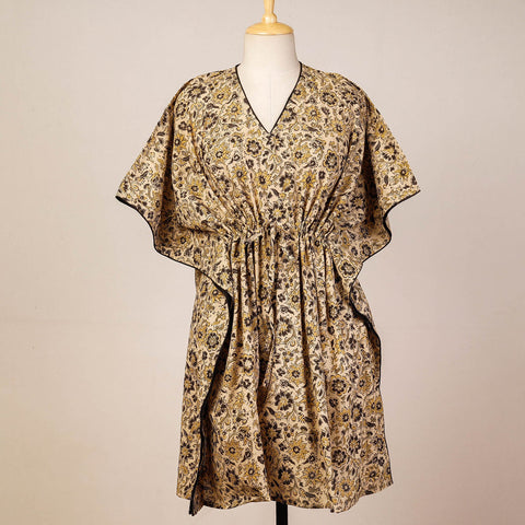 Beige Block Print Cotton Kalamkari Kaftan with Tie-Up Waist