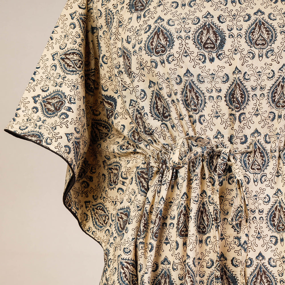 Beige Block Print Cotton Kalamkari Kaftan with Tie-Up Waist