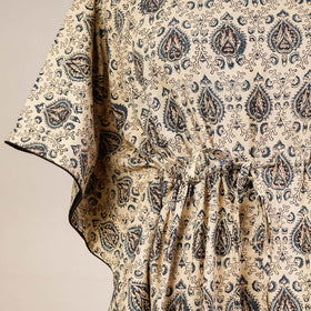 Beige Block Print Cotton Kalamkari Kaftan with Tie-Up Waist