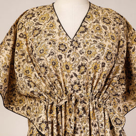 Beige Block Print Cotton Kalamkari Kaftan with Tie-Up Waist