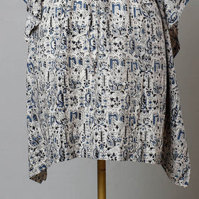Beige Block Print Cotton Kalamkari Kaftan with Tie-Up Waist